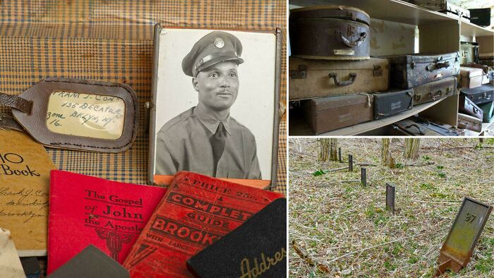 Old black and white photo, antique suitcases, and weathered grave markers linked to unsettling history and crime stories.