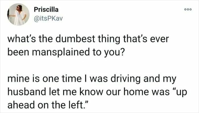 Tweet from Priscilla sharing a feminist post calling out mansplaining as an example of patriarchy in everyday life.