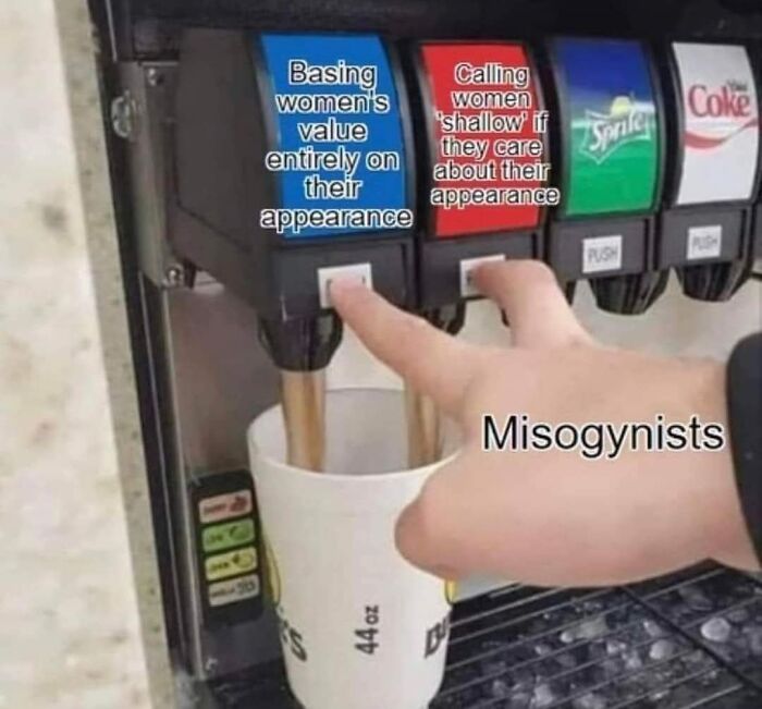 A hand labeled misogynists pressing two soda dispensers labeled with feminist posts about women's value and appearance.