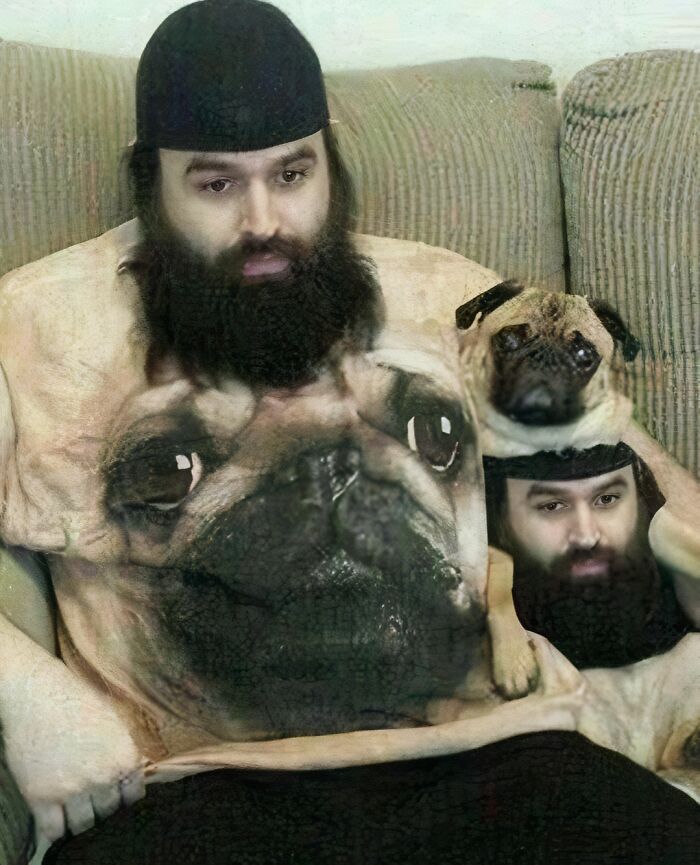 Man and dog wearing matching dog face apparel, creating a random and cringe photo with unique humor and visual effect.
