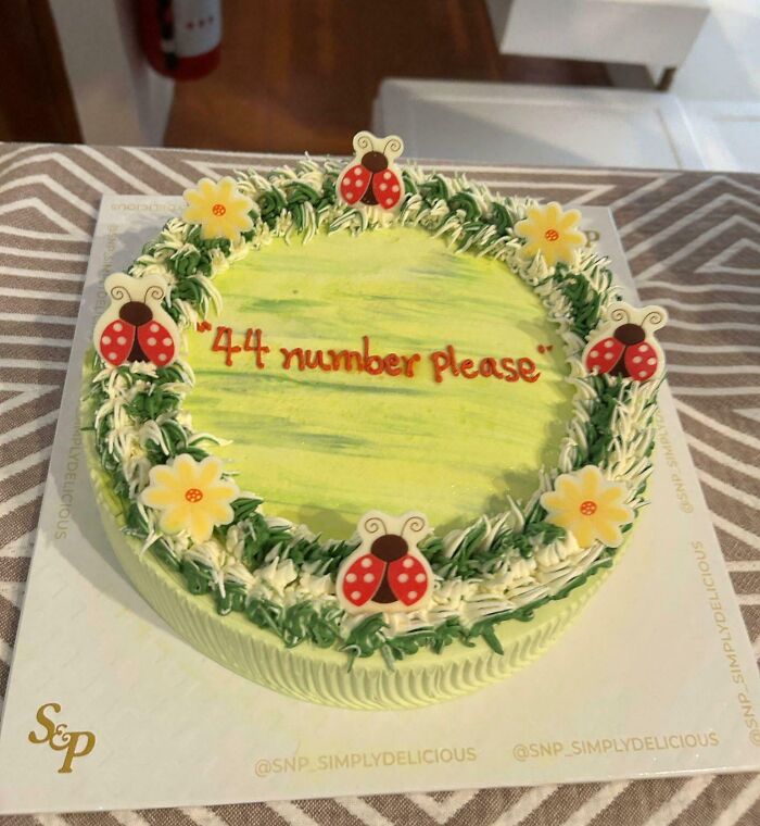 Round green cake with ladybug and flower decorations, featuring humorous text reflecting honest emotions on cake.