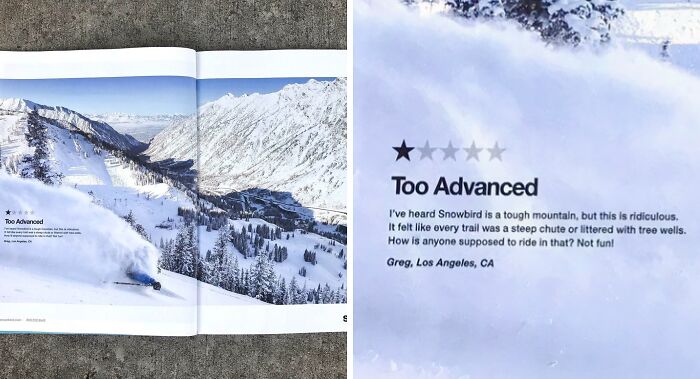 Print advertisement showing a humorous ski resort review, using creativity to highlight competitor’s difficult trails.