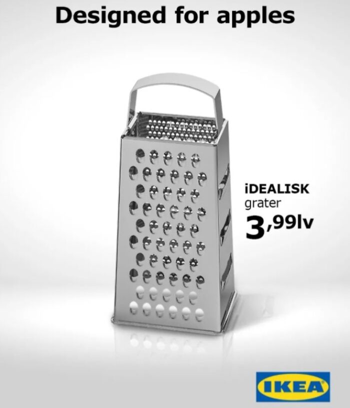 IKEA print advertisement humorously promoting a cheese grater designed for apples, showcasing creative print ads.