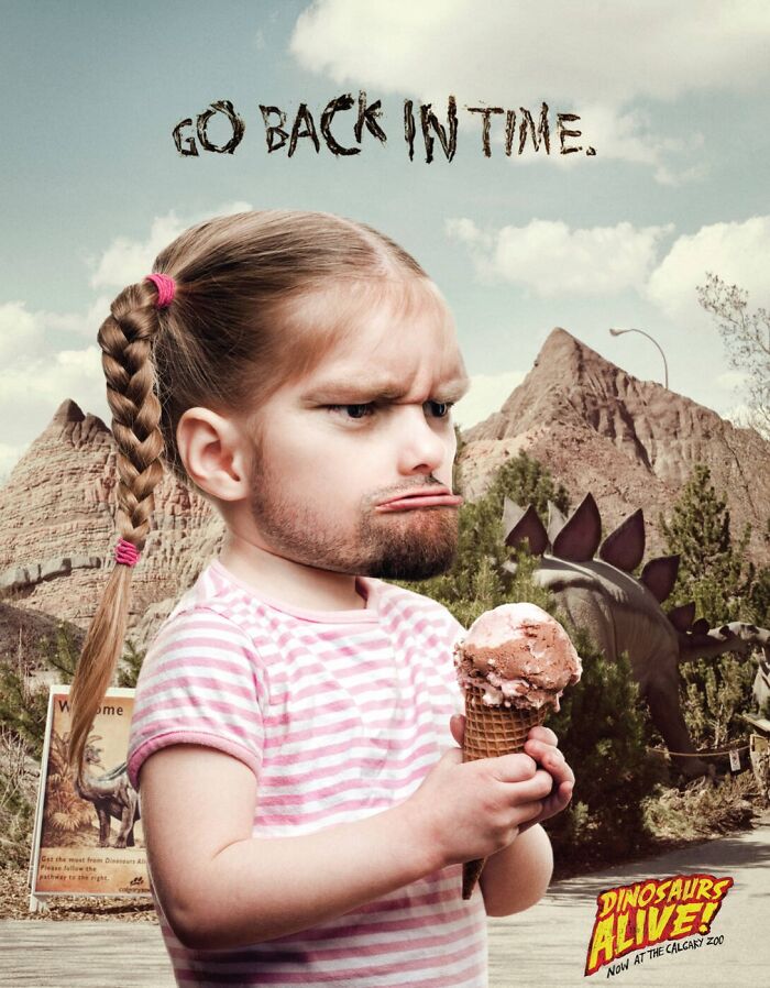 Child with a man's face holding ice cream in a creative print advertisement using humor at a dinosaur exhibit.