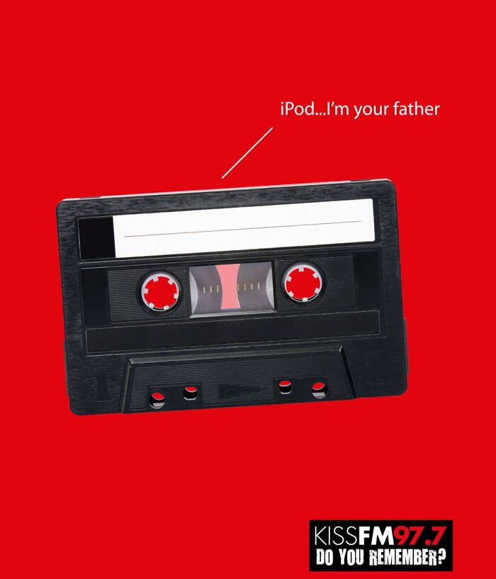 Cassette tape print advertisement using humor and creativity to highlight nostalgic audio technology against modern iPods.