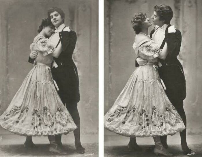 Victorian era couple in elegant attire embracing and dancing, showcasing fashion and romance from the period.