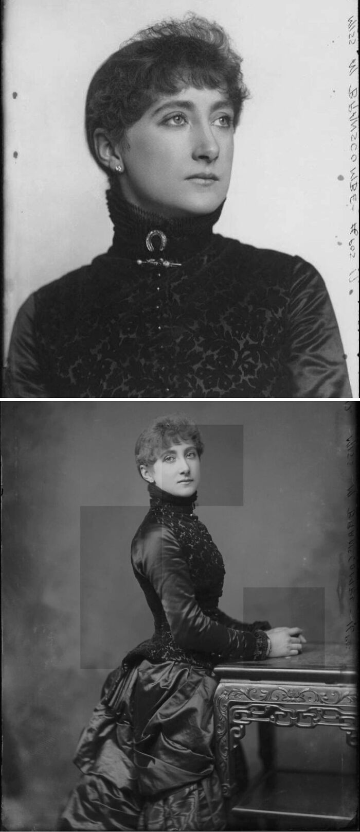 Victorian era woman in elegant dark dress posing indoors at a carved wooden table, showcasing Victorian fashion and style.