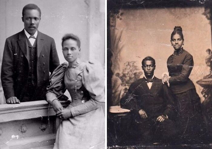 Two Victorian era couples wearing period clothing, posing formally in vintage Victorian era photographs.
