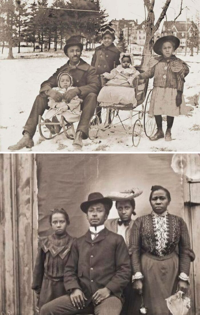 Victorian era family portraits showing fashion and lifestyle in snowy outdoor and formal indoor settings.