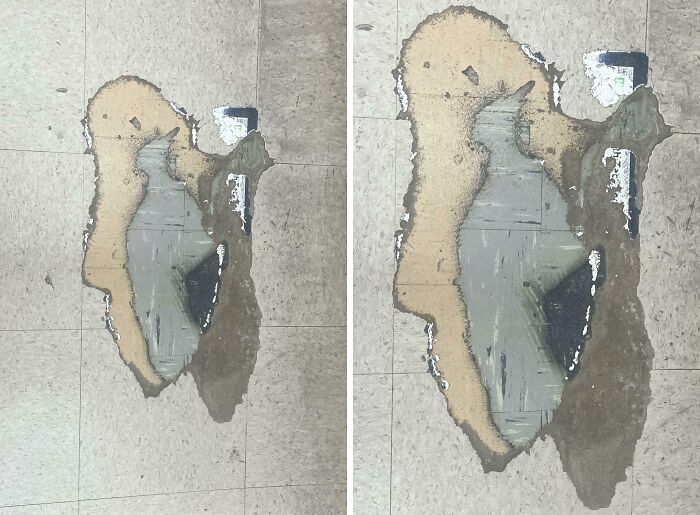 Worn down floor tiles revealing multiple layers beneath in an everyday object showing unexpected wear patterns.