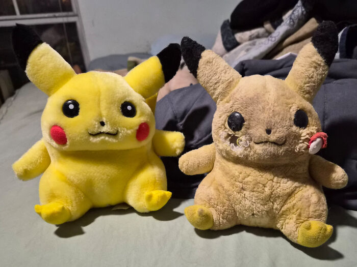 Two Pikachu plush toys side by side showing everyday objects worn down in unexpected ways.