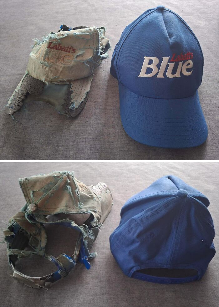 Worn down and faded Labatt’s baseball caps showing effects of everyday use and wear on fabric.