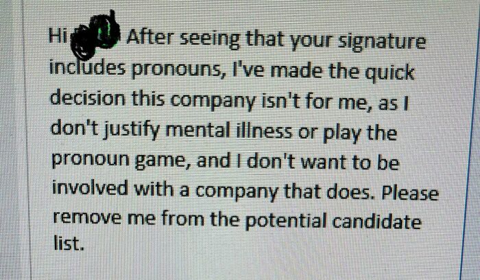 Email screenshot showing a rejection message referencing pronouns and company values, illustrating recruitment nightmares.