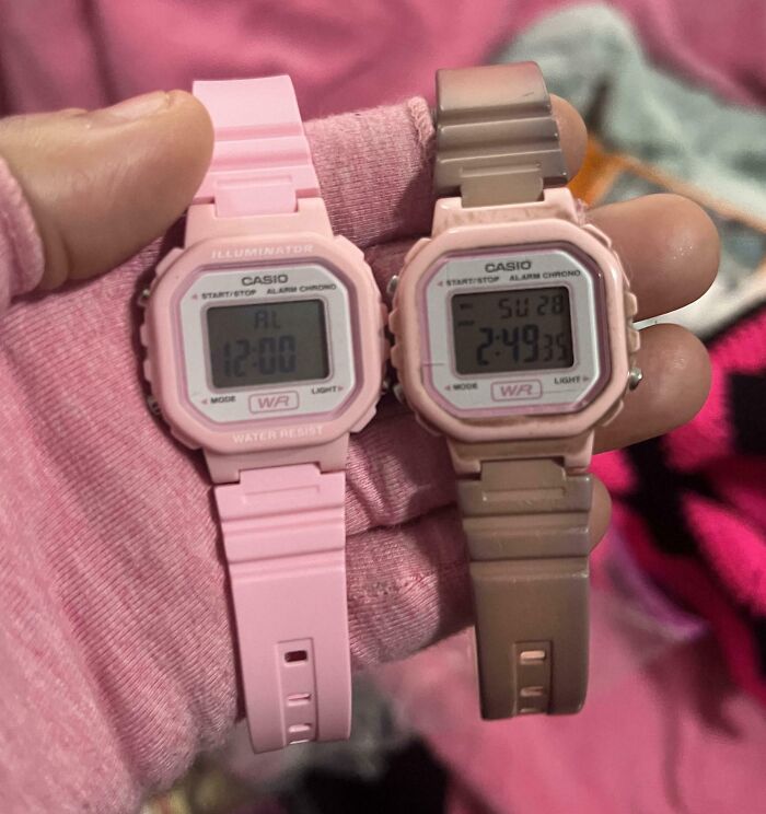 Two Casio wristwatches showing wear and discoloration, demonstrating everyday objects worn down in unexpected ways.