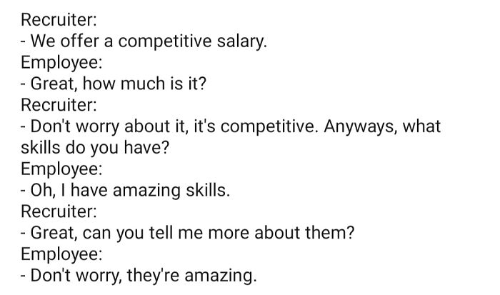 Text conversation showing a recruitment nightmare with vague answers about salary and employee skills, highlighting recruitment challenges.