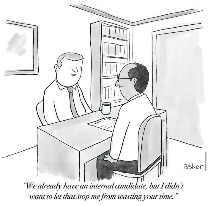 Two men in a recruitment interview with one saying the internal candidate will get the job, illustrating recruitment nightmares.