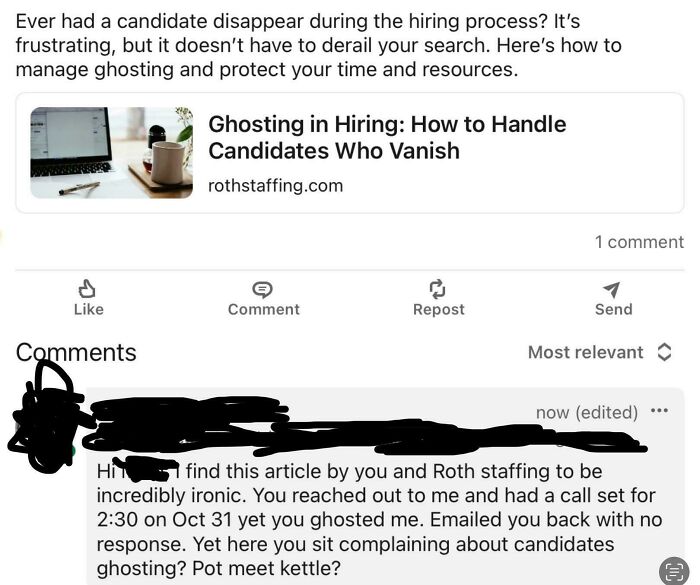 Screenshot of a LinkedIn comment thread discussing recruitment nightmares involving candidate ghosting during the hiring process.
