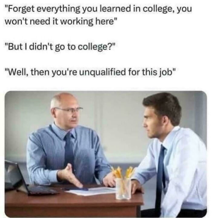 Two men in a job interview discussing qualifications, illustrating relatable recruitment nightmares with humorous contradictions.