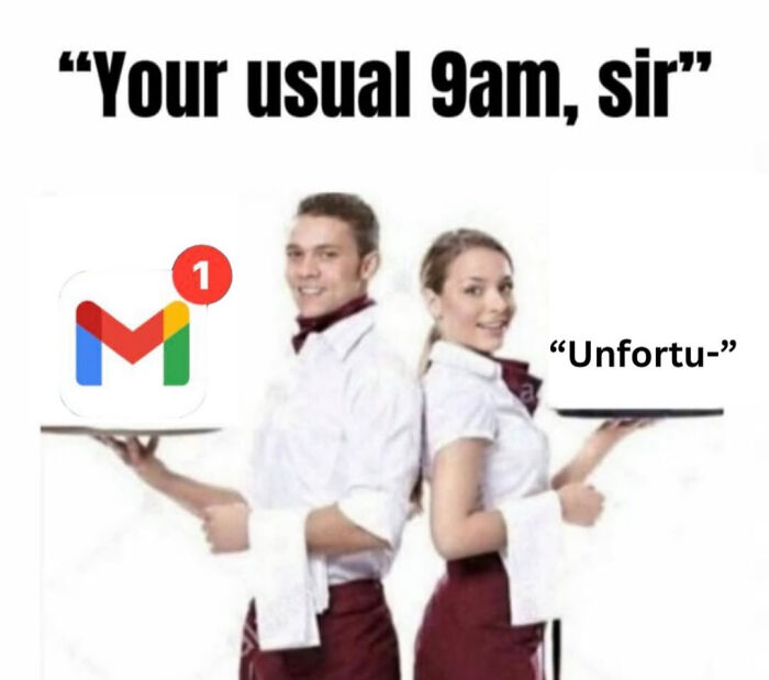 Two waiters back-to-back holding trays with a Gmail alert and partial text, illustrating recruitment nightmares humor humorously.