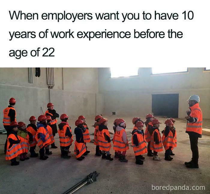 Group of young children in construction gear standing in line, illustrating relatable recruitment nightmares for job seekers.