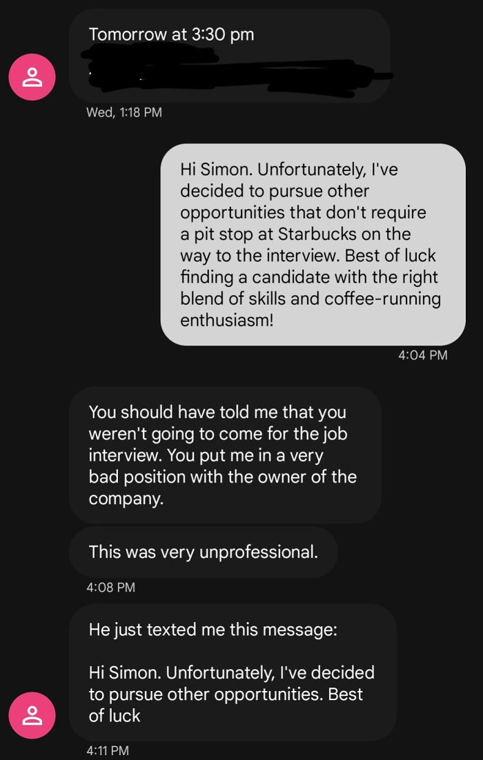 Text message exchange showing a job candidate canceling an interview in a humorous recruitment nightmare scenario.