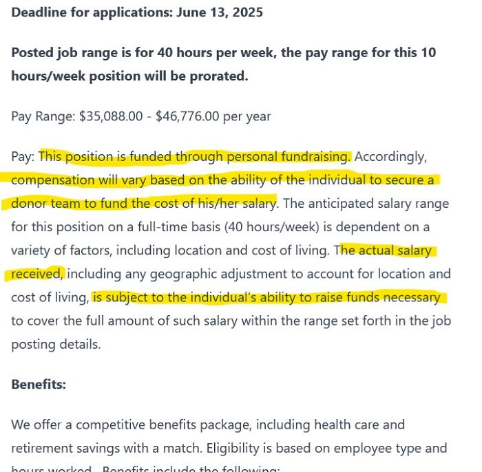 Job listing showing a recruitment nightmare where salary depends on personal fundraising and donor team efforts.