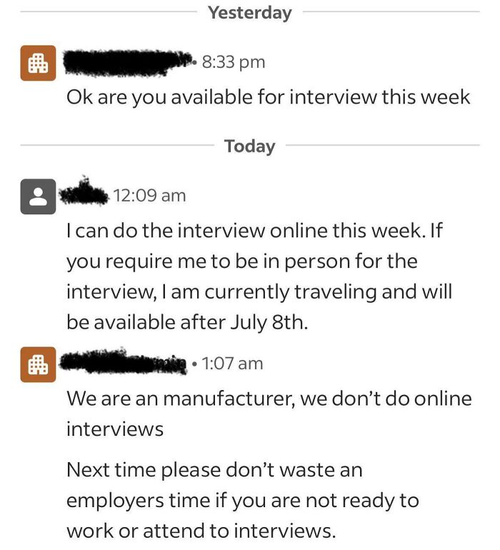 Chat messages showing recruitment nightmares with miscommunication about online versus in-person interviews.