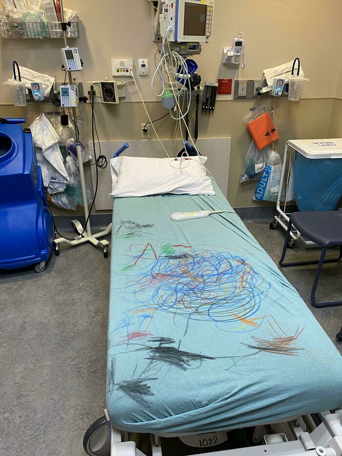 Hospital bed covered in colorful marker stains showing one of the most unfortunate and stupid fails.