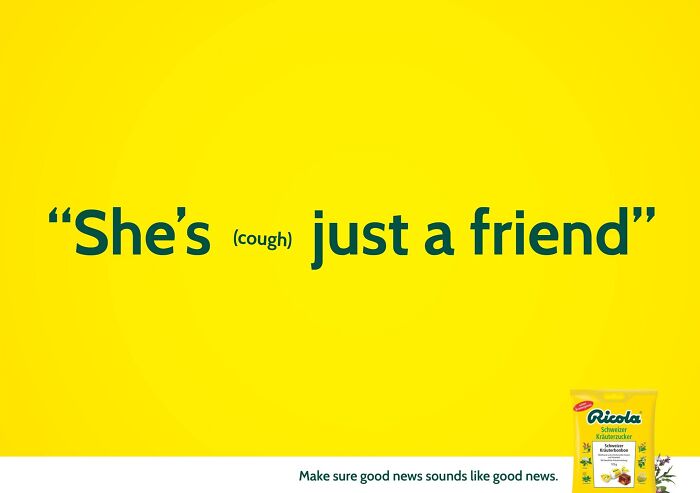 Humorous print advertisement with creative text and bright yellow background promoting Ricola cough drops.