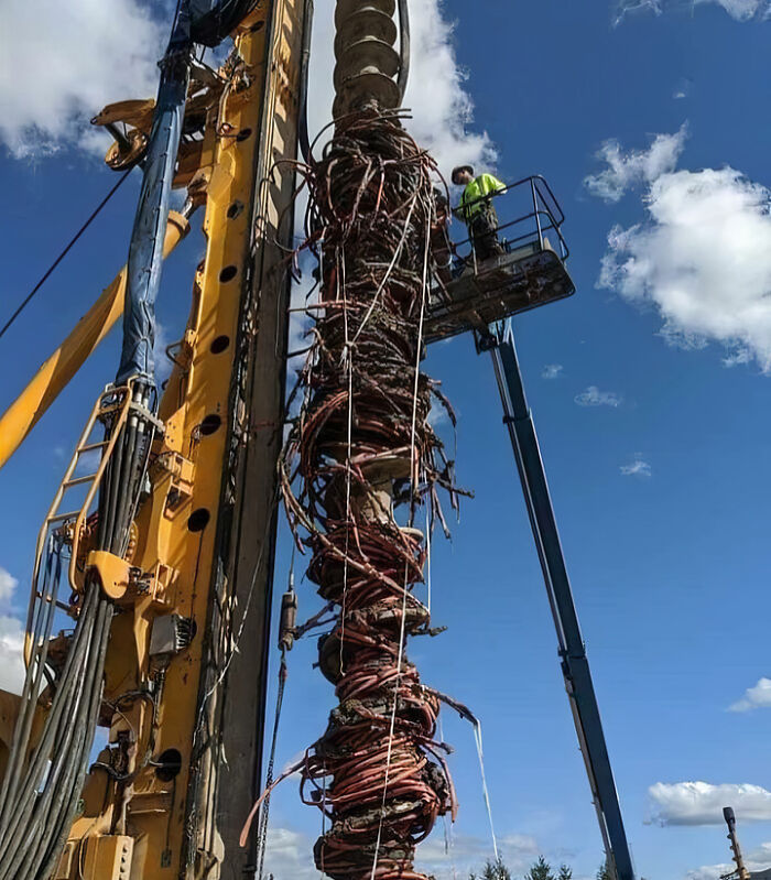 Construction worker examining a large drill bit tangled with cables, showcasing an unfortunate and expensive fail.