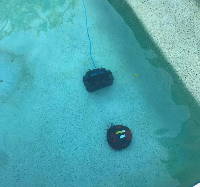Remote control stuck underwater in a pool, illustrating an unfortunate and expensive fail caught on camera.