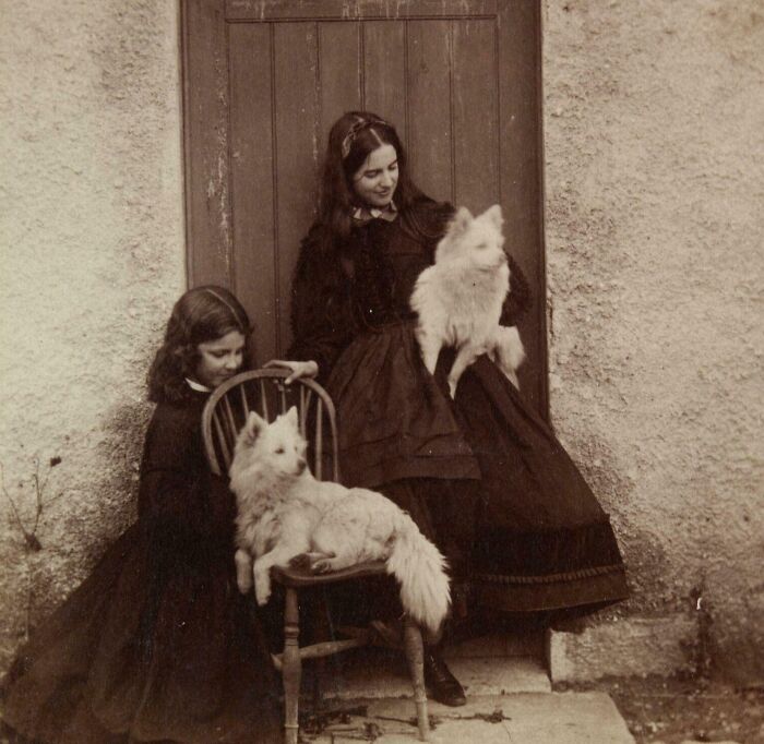 Victorian era photo of two girls in period dresses with fluffy white dogs, showcasing different time customs and fashion.