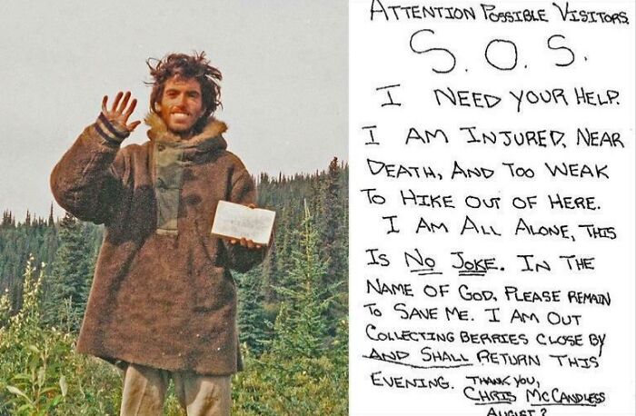 Man wearing heavy coat waving and holding note near forest, related to unsettling history and crime stories of vanishings.