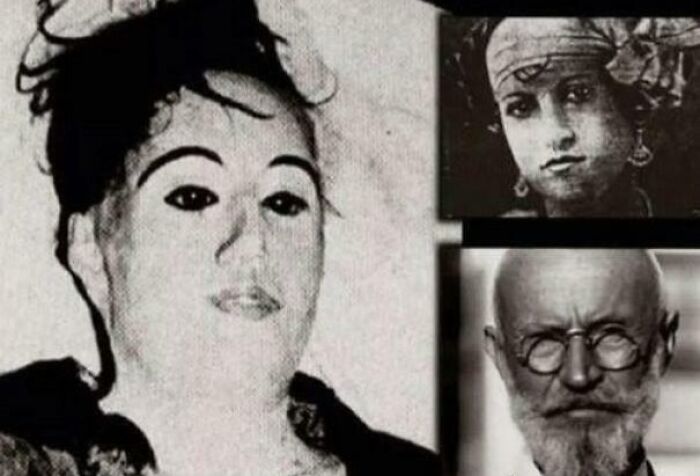 Black and white photos of historical figures related to unsettling history and crime people can't believe actually happened.