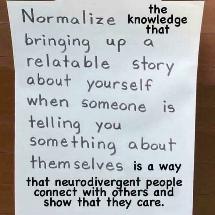 Handwritten note explaining how neurodivergent people connect by sharing relatable stories when others share about themselves.