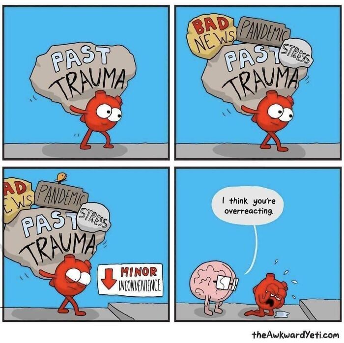 Comic of a character carrying "past trauma" with added stressors, illustrating life with a spicy, neurodivergent brain.