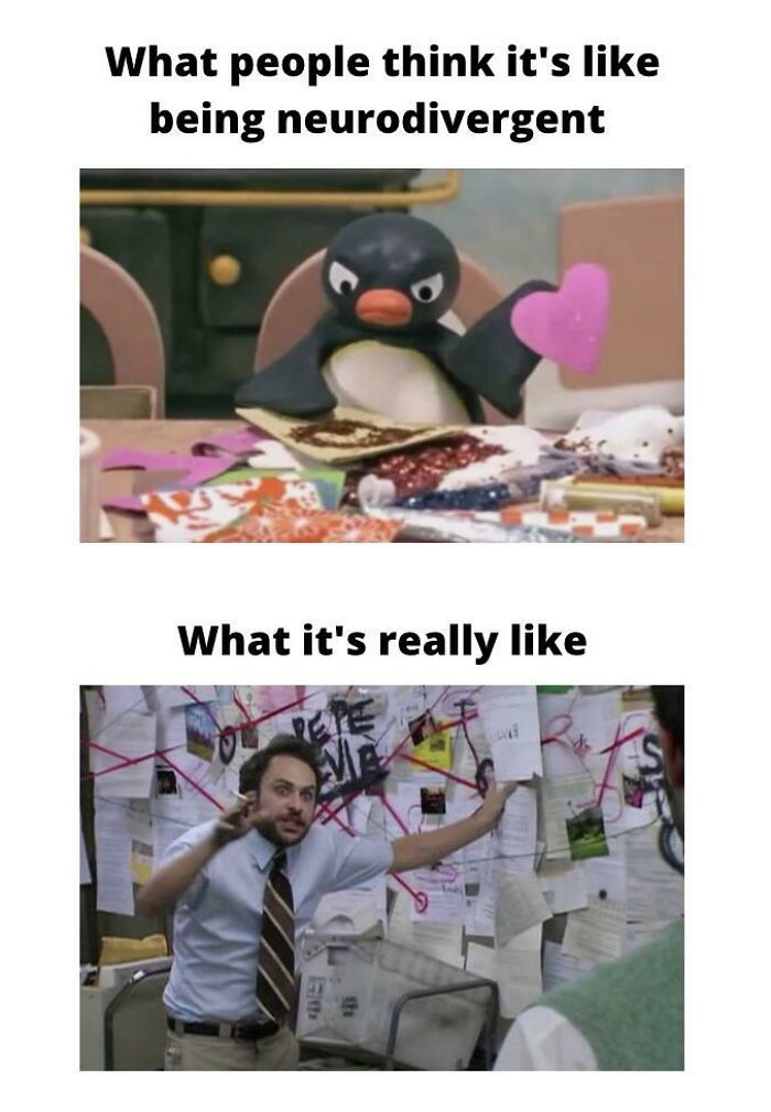 Two-panel meme illustrating neurodivergent brain life, with a penguin crafting vs. a man explaining complex theories.