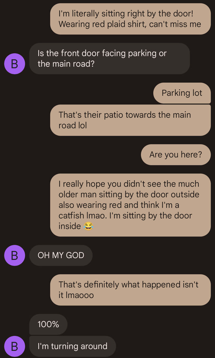 Text message exchange showing a funny Tinder interaction involving a red shirt mix-up and a mistaken identity.