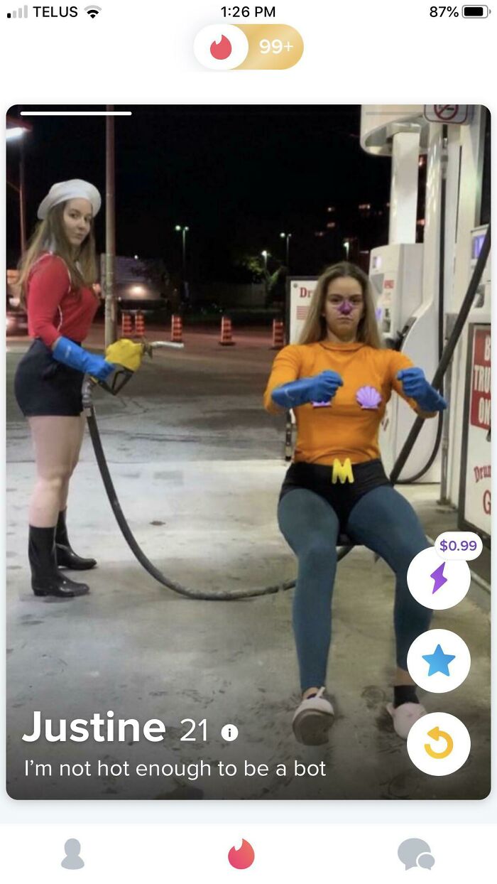 Two women in creative costumes at a gas station, featured in hilarious Tinder interactions showing funny dating app moments.