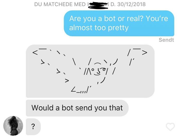 Screenshot of a hilarious Tinder interaction featuring a playful ASCII art bot response in a dating chat.