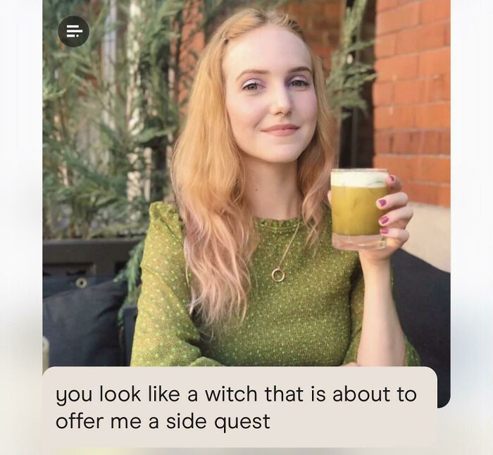 Young woman with long hair holding a drink, paired with a funny Tinder interaction about a witch and side quest.