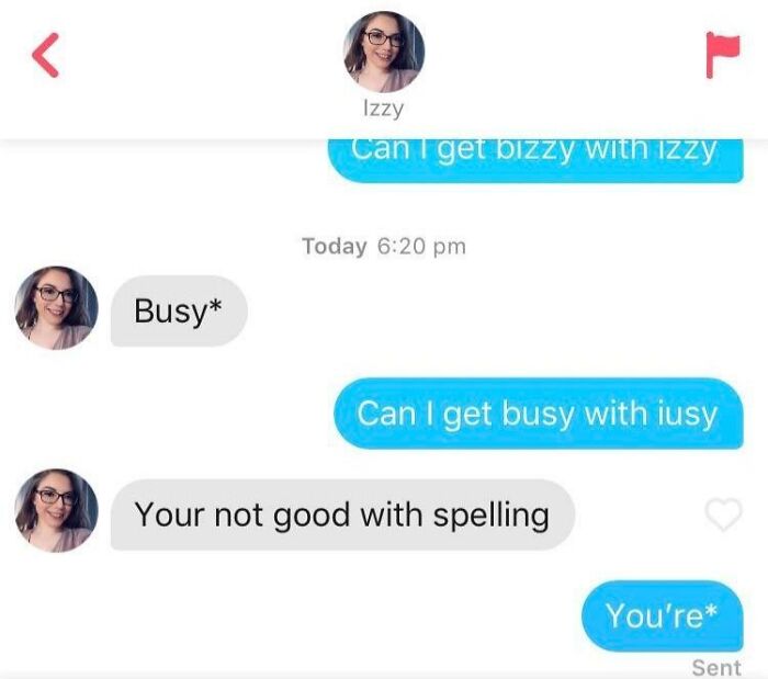 Chat screenshot showing a funny Tinder interaction with playful spelling mistakes and corrections.