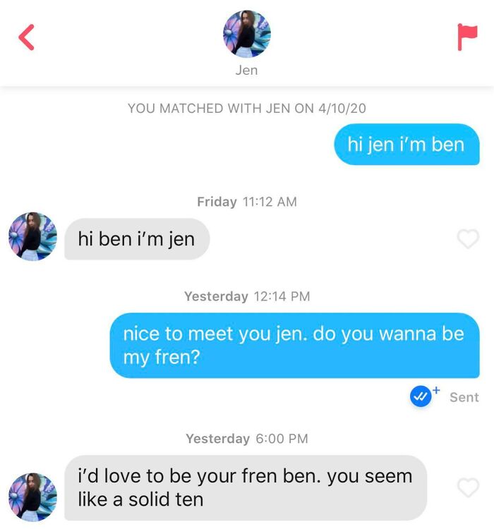 Tinder interaction between Ben and Jen with friendly and humorous messages showing a solid ten connection.
