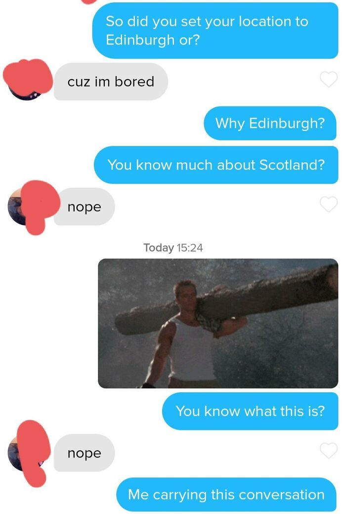 Tinder interaction with users discussing Edinburgh and Scotland, ending with a humorous image and witty reply.