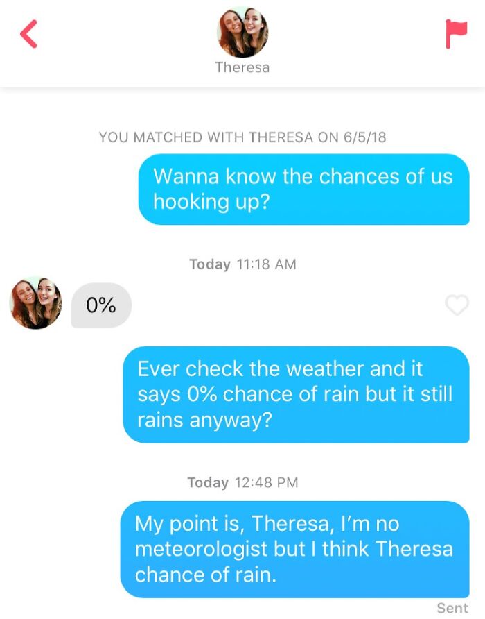 Tinder chat showing a humorous conversation about chances of hooking up using a weather rain metaphor.