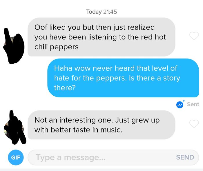 Tinder conversation showing a humorous exchange about hating the Red Hot Chili Peppers in hilarious Tinder interactions.