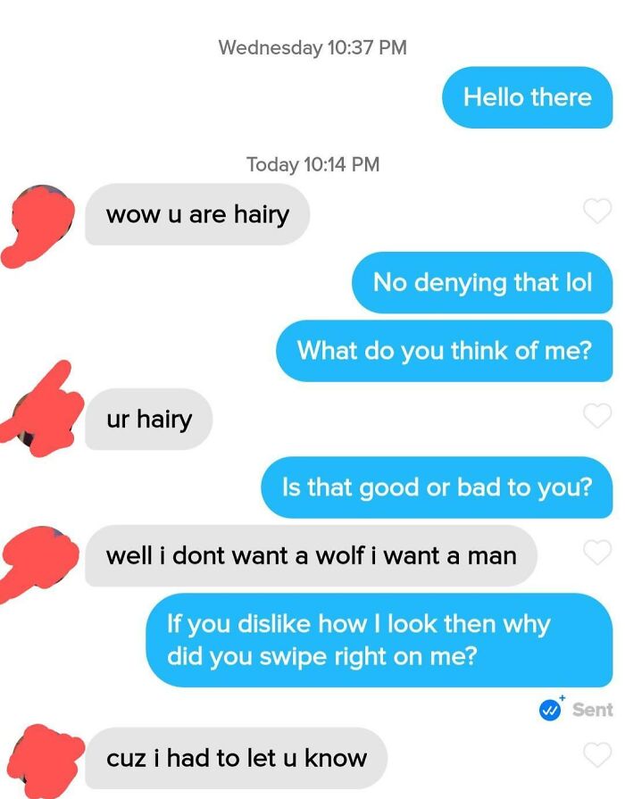 Tinder conversation showing funny interaction about being hairy, highlighting hilarious Tinder interactions and unexpected chat responses.
