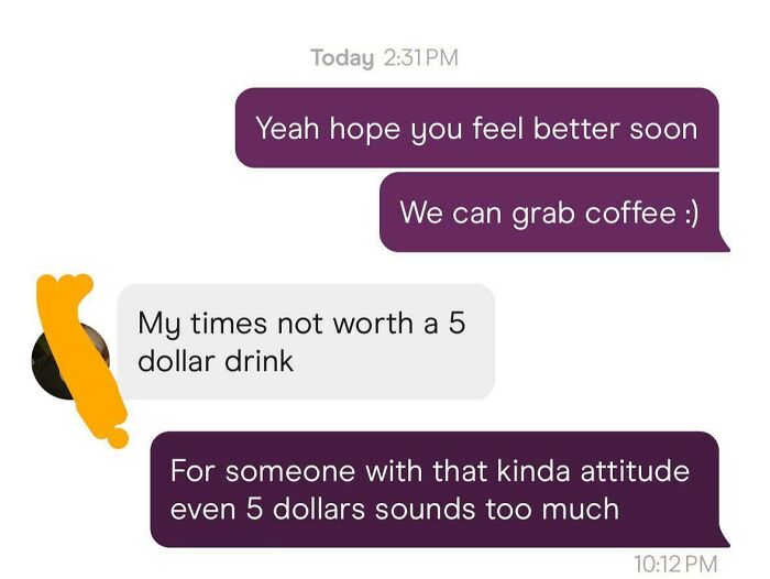 Text conversation showing a hilarious Tinder interaction about the value of a five dollar drink.