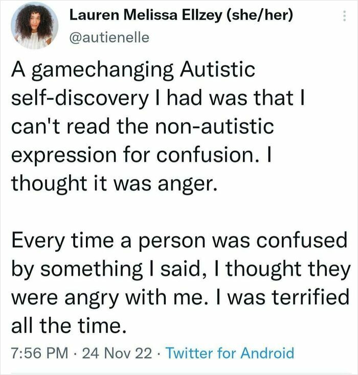 Screenshot of a tweet discussing challenges of reading expressions, highlighting life with a spicy neurodivergent brain.