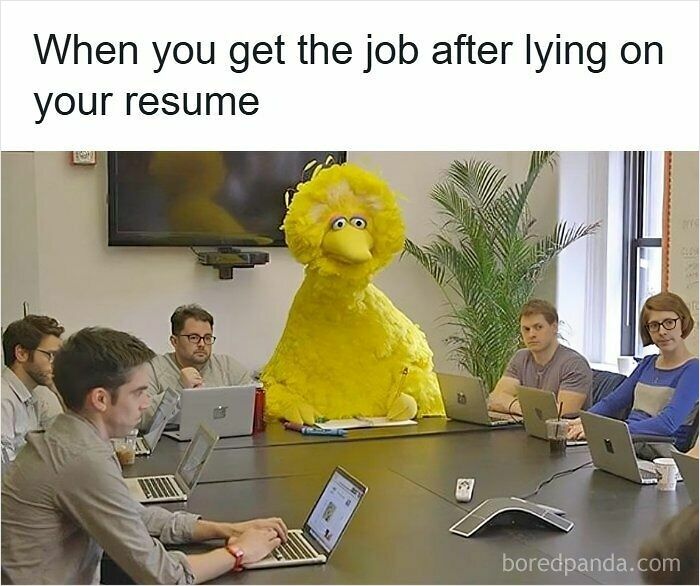 Meeting room with people and Big Bird, illustrating a funny resume meme about getting a job after lying on your resume.